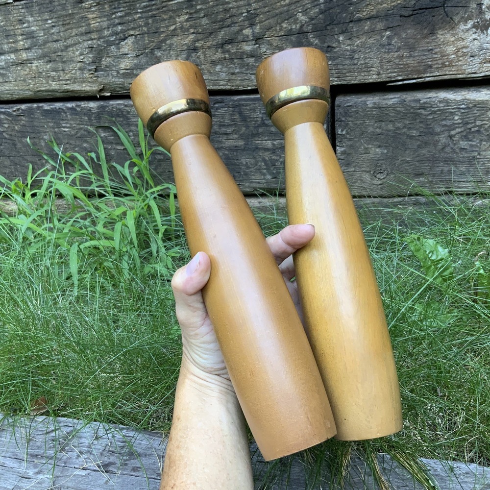 Vintage Mid Century Modern Tapered Wood Salt And Pepper‎ Shaker Set Japan 10.5"